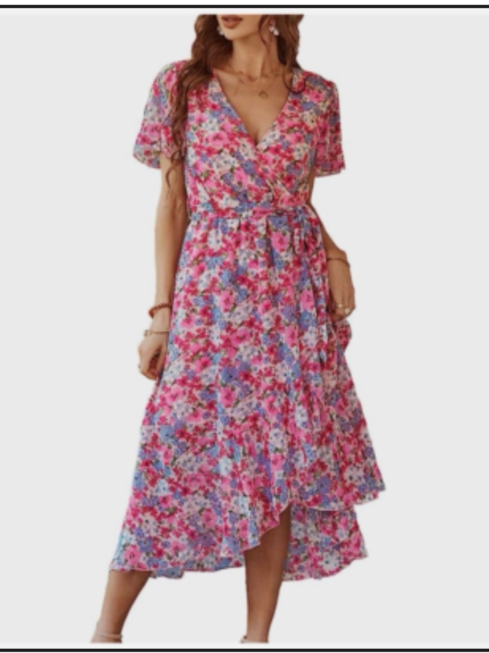 PrettyGarden Pink Floral Wrap Midi Dress — Size Small